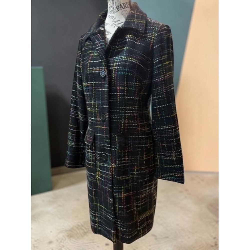 Nine West Statement Coat Size 6 Black Multicolor Stitched Plaid Trench Jacket